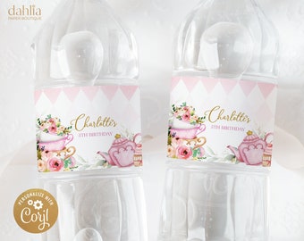 Tea Party Wasserflaschen Label Template, Editierbare Flaschenverpackung, Pink und Gold Par-Tea, Whimsical High Tea Floral, Instant Download, KP056