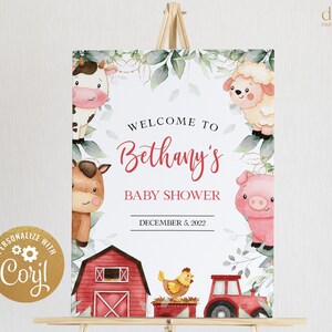 May include: Welcome to Bethany's Baby Shower sign with a watercolor farm theme. The sign features a red barn, a cow, a pig, a lamb, a chicken, and a red tractor. The text on the sign reads "Welcome to Bethany's Baby Shower" and "December 5, 2022".