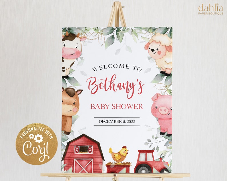 May include: Welcome to Bethany's Baby Shower sign with a watercolor farm theme. The sign features a red barn, a cow, a pig, a lamb, a chicken, and a red tractor. The text on the sign reads "Welcome to Bethany's Baby Shower" and "December 5, 2022".