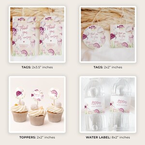May include: A set of printable baby shower party decorations featuring a whimsical underwater theme with narwhals, jellyfish, and sea turtles. The set includes tags, toppers, and water bottle labels. The tags are 2x3.5 inches, the toppers are 2x2 inches, and the water bottle labels are 8x2 inches.