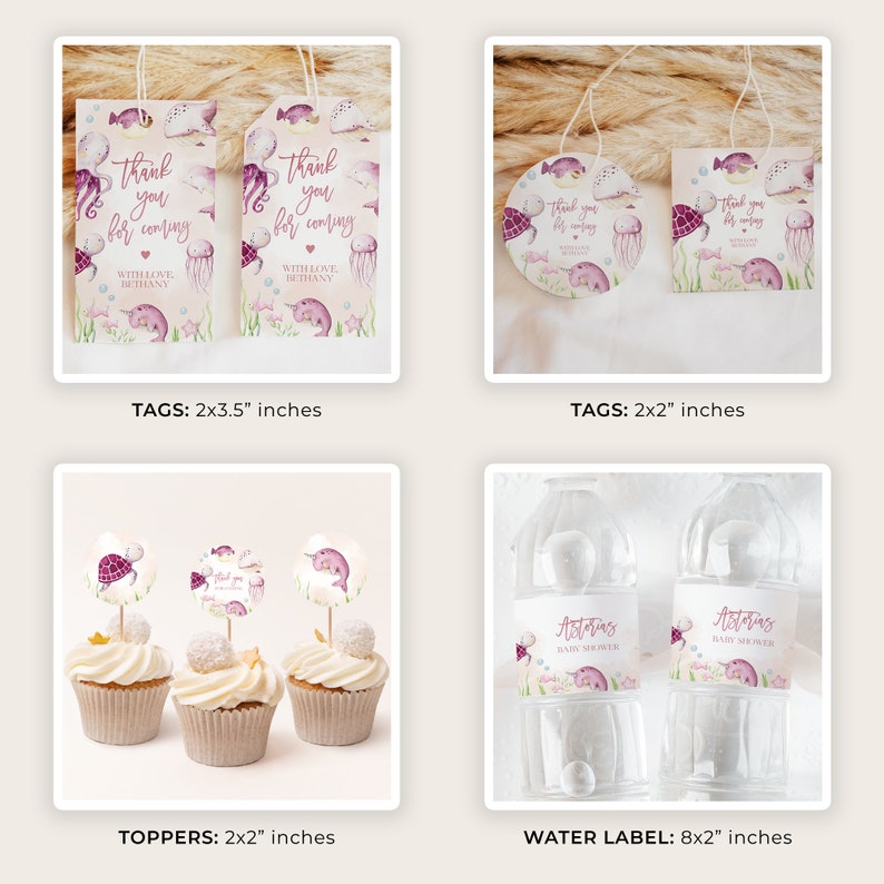 May include: A set of printable baby shower party decorations featuring a whimsical underwater theme with narwhals, jellyfish, and sea turtles. The set includes tags, toppers, and water bottle labels. The tags are 2x3.5 inches, the toppers are 2x2 inches, and the water bottle labels are 8x2 inches.