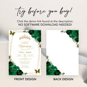 May include: A Quincea&ntilde;era invitation with a gold and green colour scheme. The front of the invitation features a gold crown, butterflies, and green floral designs. The back of the invitation has a green floral design in the corner. The text on the front of the invitation reads "Quincea&ntilde;era" and "Maria Asabella".