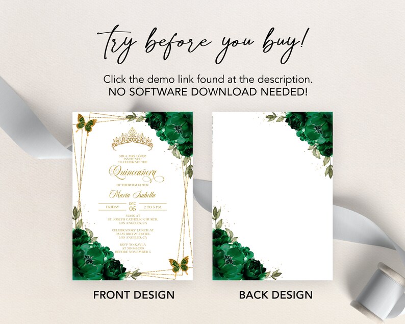 May include: A Quincea&ntilde;era invitation with a gold and green colour scheme. The front of the invitation features a gold crown, butterflies, and green floral designs. The back of the invitation has a green floral design in the corner. The text on the front of the invitation reads "Quincea&ntilde;era" and "Maria Asabella".