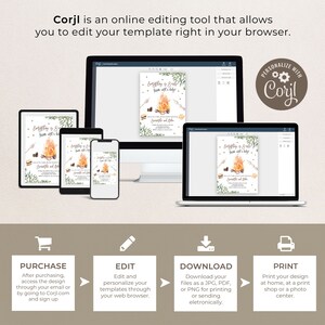 May include: A digital mockup of a computer screen showing a campfire-themed invitation with the text "Everything is Better Fun with a Baby". The invitation is being edited using the Corjl online editing tool. The text "Personalize with Corjl" is displayed in a circle with gears.