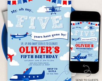 May include: A blue and red airplane themed birthday invitation for a boy turning five. The invitation features a blue airplane with red accents and the text "My. oh my... FIVE years have gone by! UP, UP AND AWAY! JOIN US TO CELEBRATE OLIVER'S FIFTH BIRTHDAY SATURDAY, JUNE 27, 2PM TO 5PM 3145 DOCTORS DRIVE, LOS ANGELES CA, 90017 RSVP TO KAYLA 123-456-7890"