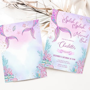 May include: A mermaid-themed birthday party invitation with a pink and purple watercolor background. The invitation features a mermaid tail, seashells, and stars. The text reads "Splish Splash It's a Mermaid Bash" and includes the birthday girl's name, age, date, time, and RSVP information.