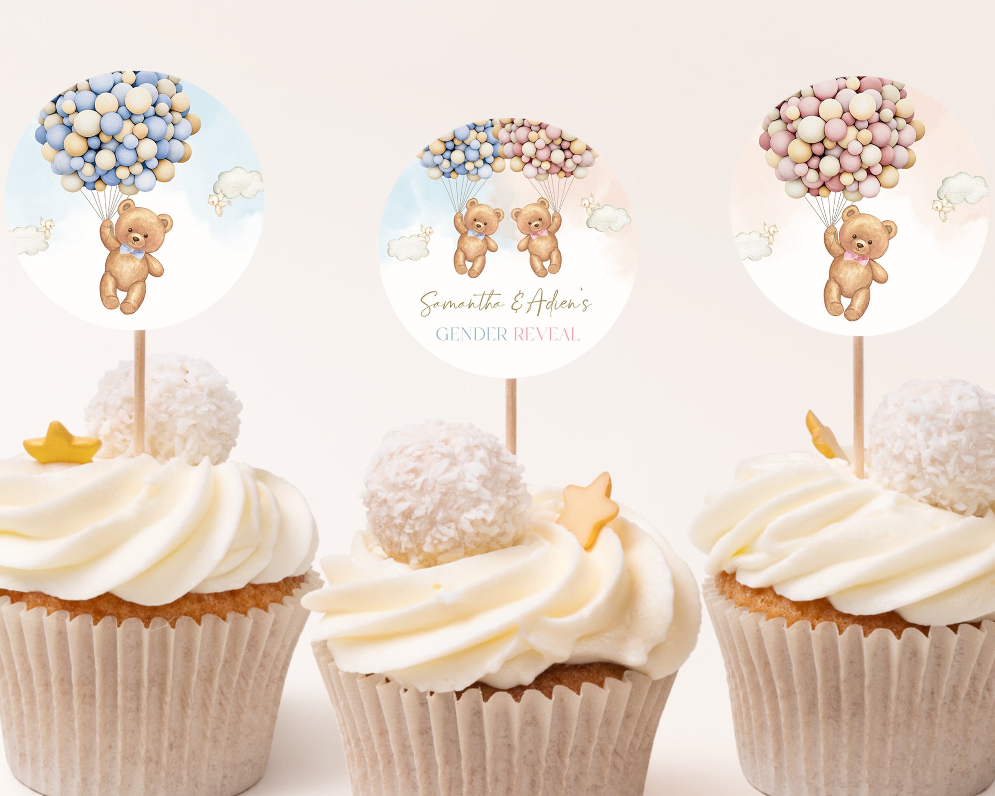 38-Piece Bear Cake Topper Set For Baby Shower & Gender Reveal - 'Oh Baby' Sign, Teddy Bears, Stars, Blue & Pink Balls - View #2