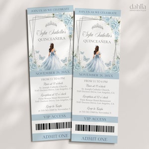 Taubenblau und Silber Quinceaña Tiara Ticket Einladung, EDITIERBARE Mis Quince Anos Karte Tiara Schmetterling, Blumen 15. Geburtstag einladen, Q045