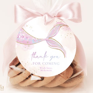 Éditable sous l'étiquette d'anniversaire de la mer, merci d'être venu rond étiquette de cadeau, faveur de fête de fille de sirène, vie marine magique, sirène rose, KP184