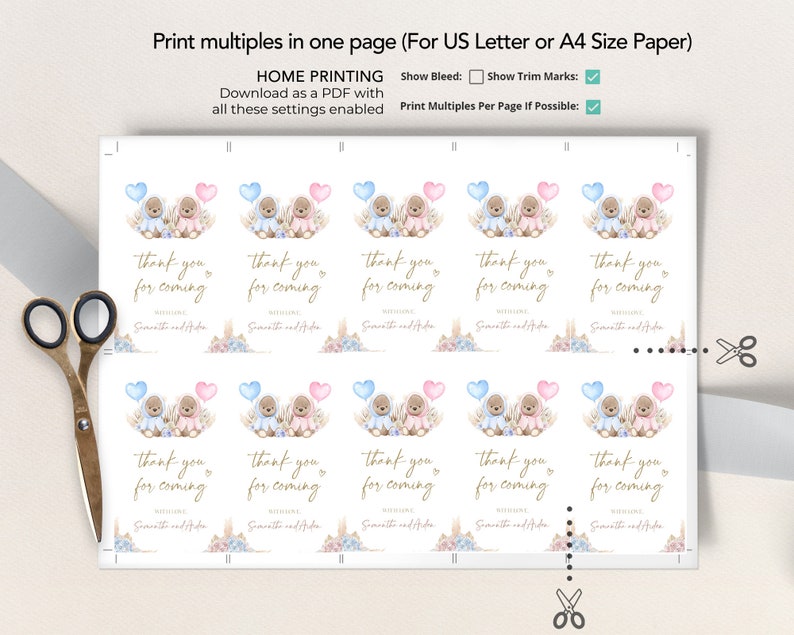 Bear Gender Reveal Thank You For Coming Gift Tag, Watercolor Gender Reveal Party Favor, He Or She, Pampas Grass, Baby Boy Or Girl Game GR002 image 3
