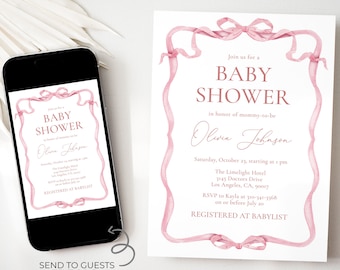 Inbjudan till babyshower med rosa rosett, redigerbar mall för babyshowerinbjudan till kokett, minimalistiskt flicka-färgat rodnande rosa akvarellband, BS248