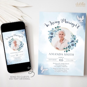 May include: A blue and white memorial invitation with a photo of a woman in a white shirt. The invitation reads "In Loving Memory Of Amanda Smith" and includes the date and time of the service and repast.