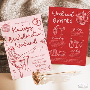 Hand Drawn Bachelorette Weekend Invite & Itinerary, Editable Quirky Retro Cocktail Bachelorette Template, Whimsical Hens Night Invite, BC018