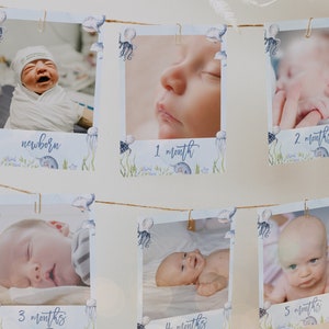 Sous le modèle de bannière de photo d'anniversaire de mer, cartes d'étape mensuelles modifiables de bébé 1ère année, guirlande de photo imprimable Téléchargement instantané KP095