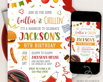 BBQ Birthday Invitation, EDITABLE Grillin and Chillin Backyard Party Template, Outdoor Barbecue Grill Invite, Printable Summer Cookout KP329