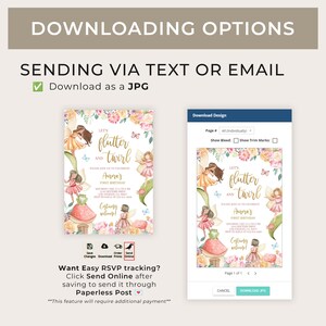 May include: A printable invitation for a first birthday party with a fairy theme. The invitation features a watercolor illustration of fairies with butterflies and flowers. The text on the invitation reads "Let's flutter and twirl. Please join us to celebrate Aurora's first birthday."