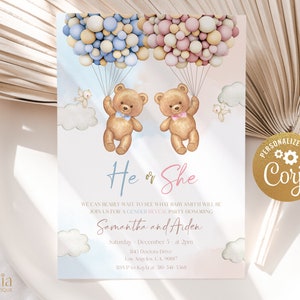 EDITABLE Teddy Bears Gender Reveal Invitation, Baby Boy Or Girl Party Invite Template, He Or She, Boho Watercolor Bear with Balloons, GR025