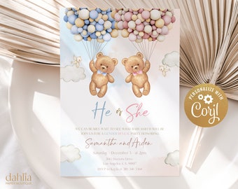 EDITABLE Teddy Bears Gender Reveal Invitation, Baby Boy Or Girl Party Invite Template, He Or She, Boho Watercolor Bear with Balloons, GR025