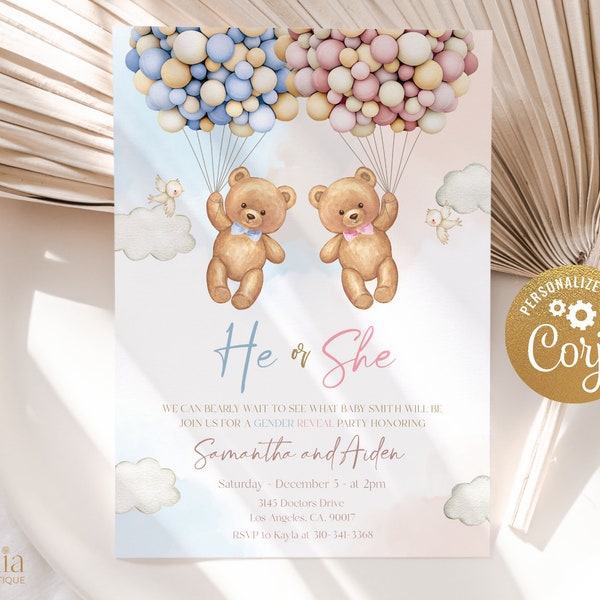 Faire-part MODIFIABLE avec un ours en peluche, modèle d'invitation fête bébé garçon ou fille, lui ou elle, ours aquarelle bohème avec ballons, GR025