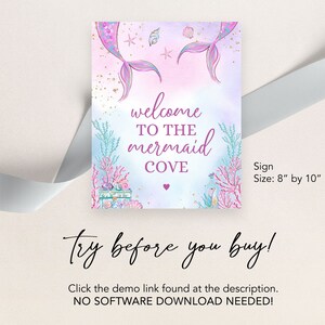 May include: A printable sign with a mermaid tail and coral reef design. The sign says "Welcome to the Mermaid Cove". The sign is 8 inches by 10 inches.