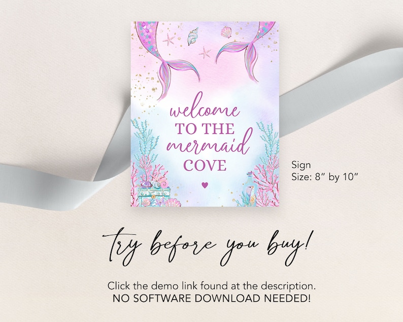 May include: A printable sign with a mermaid tail and coral reef design. The sign says "Welcome to the Mermaid Cove". The sign is 8 inches by 10 inches.