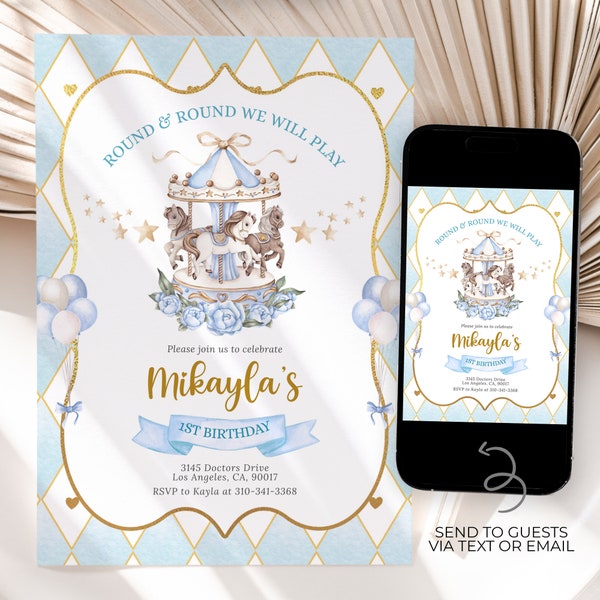 EDITABLE Carousel Birthday Invitation, Carousel Horse Party Template, Pastel Blue Pony, Whimsical Merry-Go-Round, Instant Download, KP258