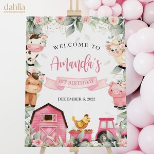 Farm Birthday Welcome Sign, EDITABLE Barn Animal Kid's Party Banner, Ranch Girl Sign Template, Floral Pink Animals, Instant Download KP082