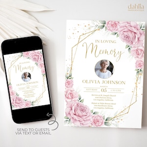 Pink Floral Funeral Invitation, Editable Funeral Announcement Template, Memorial Service Reception Evite, Celebration Of Life Digital Invite