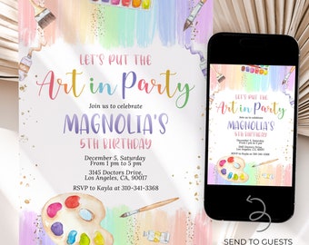 Art Birthday Invitation, EDITABLE Girl Painting Party Invite Template, Tween Rainbow Glitter Paint Craft, Printable Instant Download, KP245