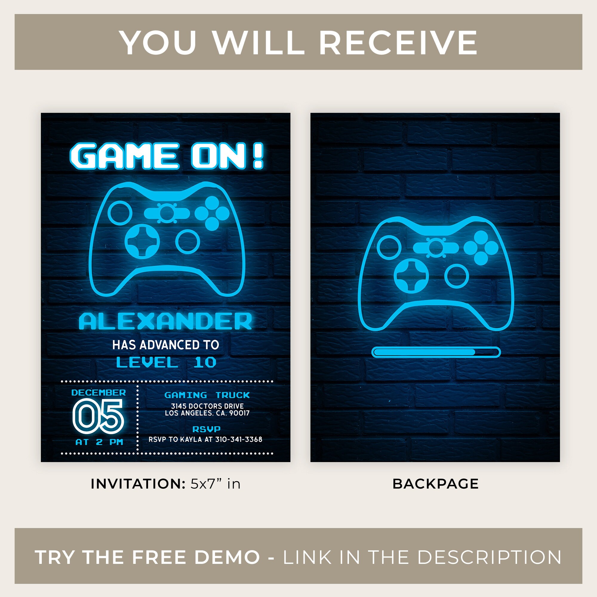 EDITABLE Video Game Party Invitation, Gamer Birthday Invite, Blue Glow ...