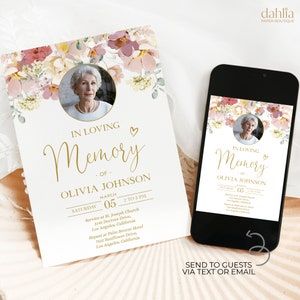 May include: A white memorial card with a floral design and a photo of a woman. The card reads "In Loving Memory of Olivia Johnson" and includes the date and time of the service and the location of the service and the repast.