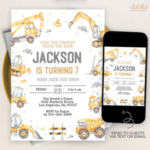 Modern Construction Birthday Invitation, EDITABLE Dump Trucks Party Invite Template, Boy Outdoor Birthday, Excavator, Instant Download KP189