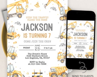 May include: Construction themed birthday party invitation with a yellow excavator, bulldozer, and dump truck. The invitation says "Stop the traffic, close the road, Jackson is turning 7. Come join the crew. Friday, June 25, 2 to 5 pm. The Event's Place, 3145 Doctors Drive, Los Angeles, CA, 90017. RSVP to Kayla at 310-341-3368."