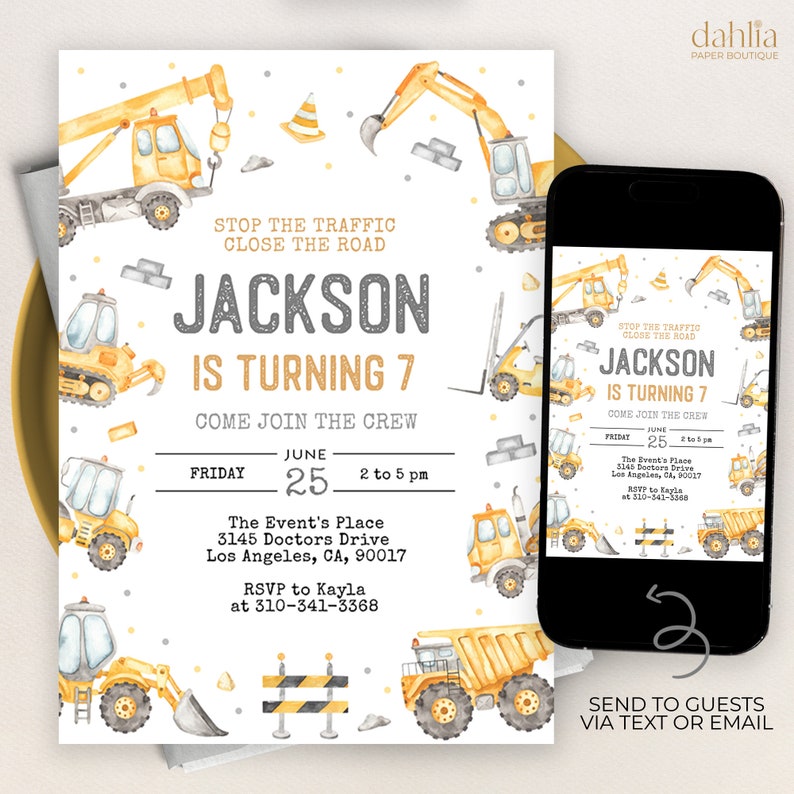 Modern Construction Birthday Invitation, EDITABLE Dump Trucks Party Invite Template, Boy Outdoor Birthday, Excavator, Instant Download KP189 image 1