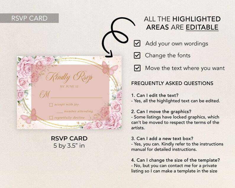 K&ouml;nnte beinhalten: Eine rosa und goldene RSVP-Karte mit floralem Design und Schmetterlingen. Die Karte ist 5 x 3,5 Zoll gro&szlig; und enth&auml;lt den Text "Kindly RSVP by June 12".