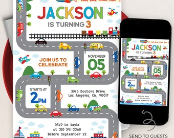 Modern Transportation Birthday Invitation, EDITABLE Vehicle Party Invite Template, Boy Outdoor Birthday, Honk Beep Vroom Cars Trucks, KP218
