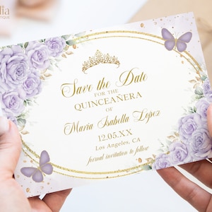 Quinceaňera Save the Date Karte, Lavendel Lila und Gold Quitte Printable, Schmetterling Mis Quitte 15 Anos, Mädchen 15 Geburtstag, Sweet 16, Q031