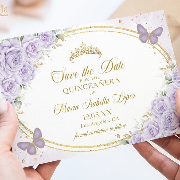 Quinceañera Save the Date Card, Lavender Purple and Gold Quince Printable, Butterfly Mis Quince 15 Anos, Girl 15th Birthday, Sweet 16, Q031