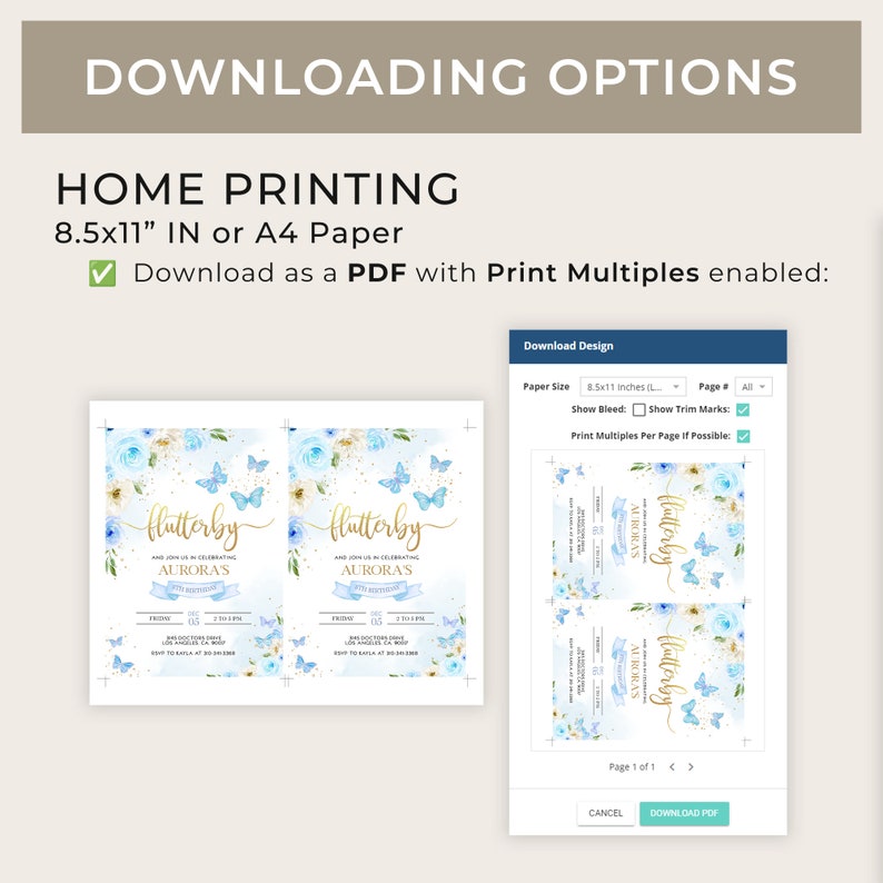 May include: A digital download for a printable invitation featuring a blue and gold butterfly design with the text "Flutterby" and "Aurora's First Birthday". The invitation is available in 8.5x11 inches or A4 paper size.