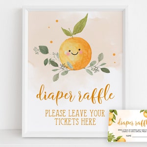 Signo y tarjeta de rifa de pañales EDITABLE, Little Cutie Baby Shower, Clementine Baby Shower, Little Cutie está en camino, Signo personalizable, BS032