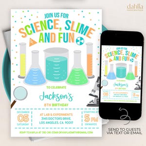 May include: A colorful invitation for a science-themed birthday party. The invitation features beakers, a microscope, and the text "Join us for Science, Slime and Fun." It says "To Celebrate Jackson's 8th Birthday" and includes the date, time, and location of the party.
