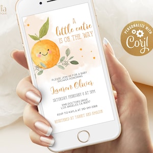 Little Cutie Is On The Way Baby Shower Invite Template, EDITABLE Clementine Evite, Orange Baby Shower, Unisex Baby Shower Evite, Corjl BS032