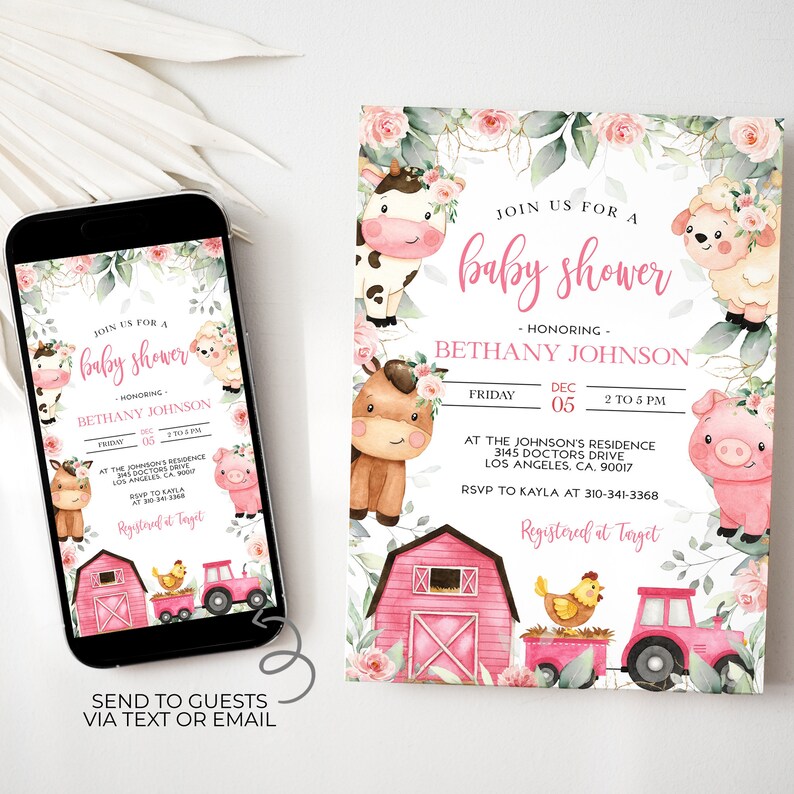 Op de afbeelding: Roze en groene baby shower uitnodiging met een aquarel illustratie van boerderijdieren, een rode schuur en een rode tractor. De tekst luidt "Join us for a baby shower honoring Bethany Johnson, Friday, December 5th, 2 to 5 PM, at the Johnson's Residence, 3145 Doctors Drive, Los Angeles, CA 90017, RSVP to Kayla at 310-341-3368, Registered at Target".
