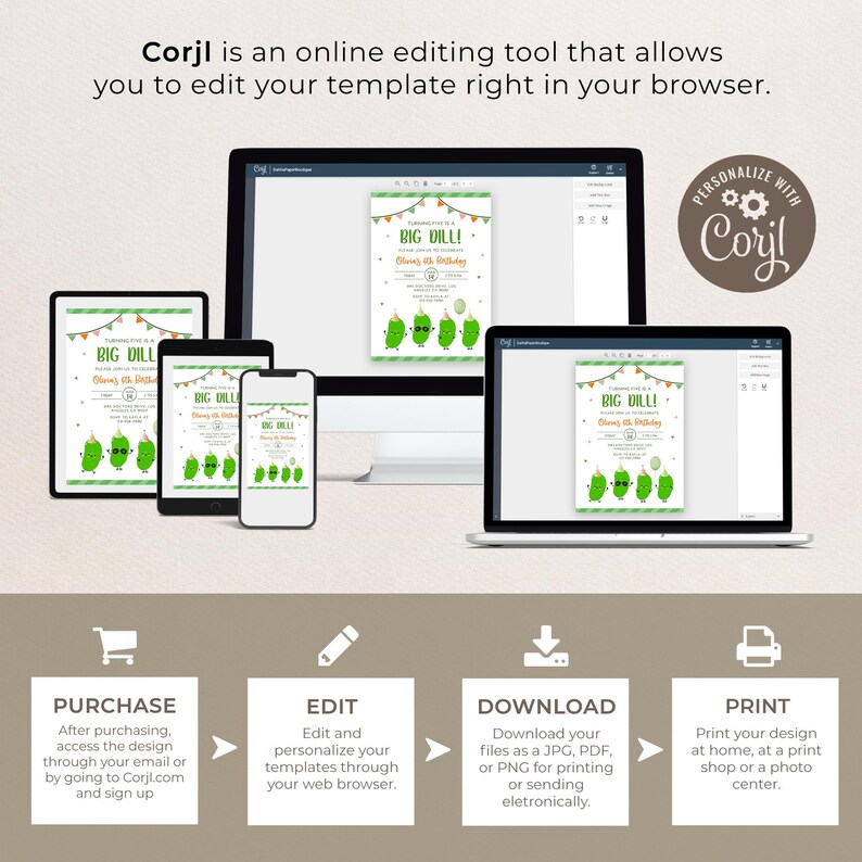 May include: A digital design template displayed on various devices, including a computer, tablet, and phone. The template features a "Big Dill" birthday theme with cartoon pickle illustrations and text. The image also includes instructions for purchasing, editing, downloading, and printing the design.