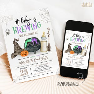 Baby is Brewing Gender Reveal Invitation, Editable Halloween Gender Reveal Invitation Template, He Or She, Spooky Gender Reveal Party, GR055
