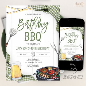 BBQ Birthday Invitation, EDITABLE Green Gingham Backyard Party Template, Outdoor Barbecue Grill Invite, Printable Adult Summer Cookout KP190