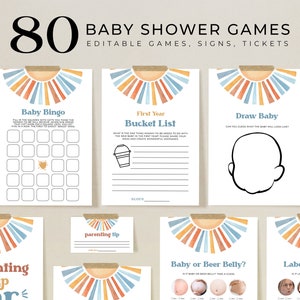 EDITABLE Sunshine Baby Shower Game Bundle, Here Comes the Son Baby Shower Game Pack, Blue Boho Boy Sunshine Baby Shower Games, Corjl, BS170