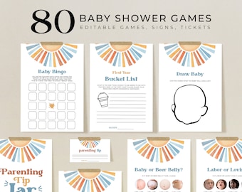 EDITIERBARE Sunshine Baby Shower Spiel Bundle, hier kommt der Sohn Baby Shower Game Pack, Blue Boho Boy Sunshine Baby Shower Spiele, Corjl, BS170