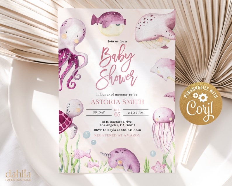 Under The Sea Baby Shower Invitation Editable Ocean Animals Party Invite Template Girl Baby Sprinkle Nautical Pink Whales