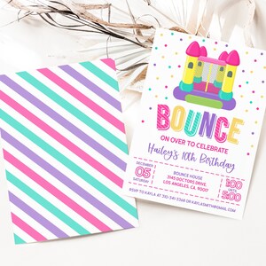 May include: A colorful invitation for a 10th birthday party with a bounce house theme. The invitation features a cartoon illustration of a bounce house with a castle design. The text on the invitation reads "BOUNCE ON OVER TO CELEBRATE Hailey's 10th Birthday". The invitation also includes the date, time, and location of the party.